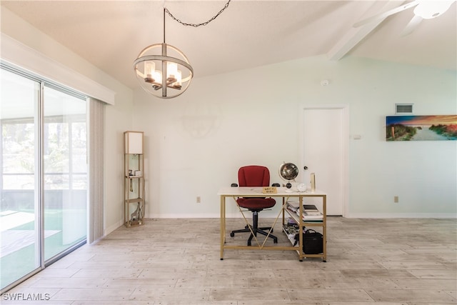 office featuring vaulted ceiling with beams, light hardwood / wood-style floors, and ceiling fan with notable chandelier