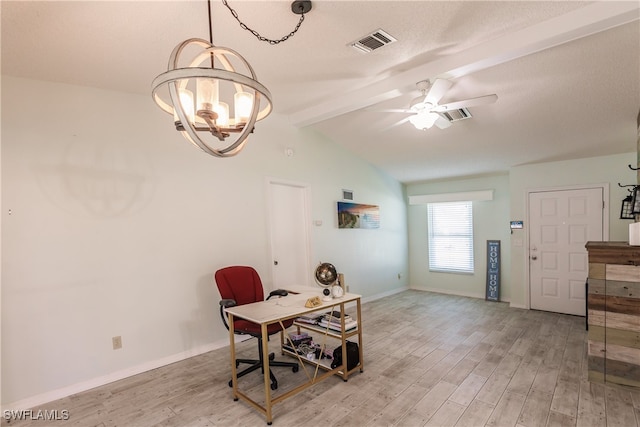 office area with vaulted ceiling with beams, ceiling fan with notable chandelier, and light hardwood / wood-style flooring