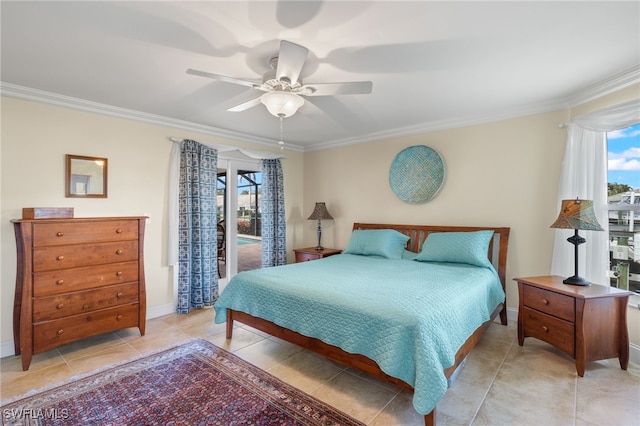 bedroom featuring ceiling fan, light tile patterned flooring, and ornamental molding