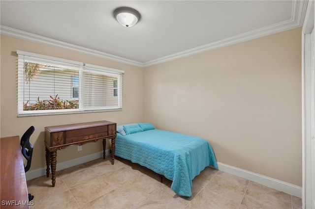 bedroom with light tile patterned floors and ornamental molding