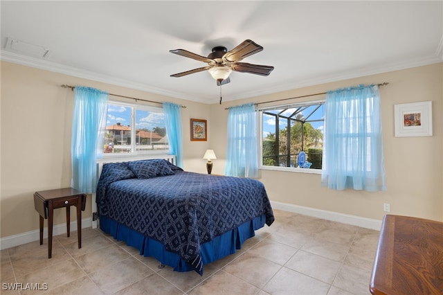 bedroom with ceiling fan, light tile patterned flooring, crown molding, and multiple windows