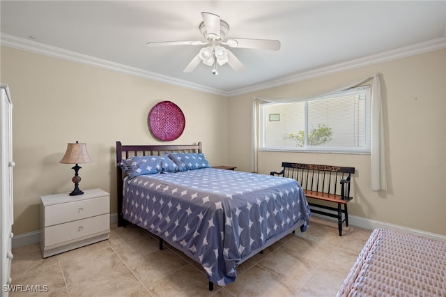 bedroom featuring ceiling fan and crown molding