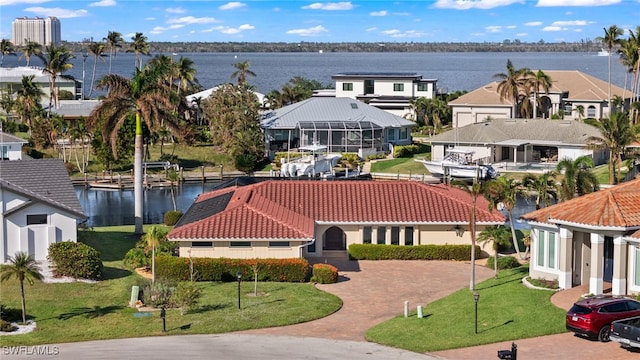 drone / aerial view featuring a water view