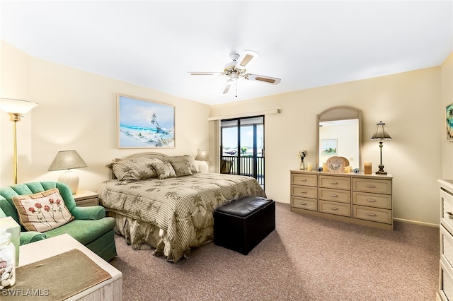 bedroom featuring carpet flooring, ceiling fan, and access to exterior