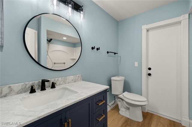 bathroom with vanity, toilet, and wood-type flooring