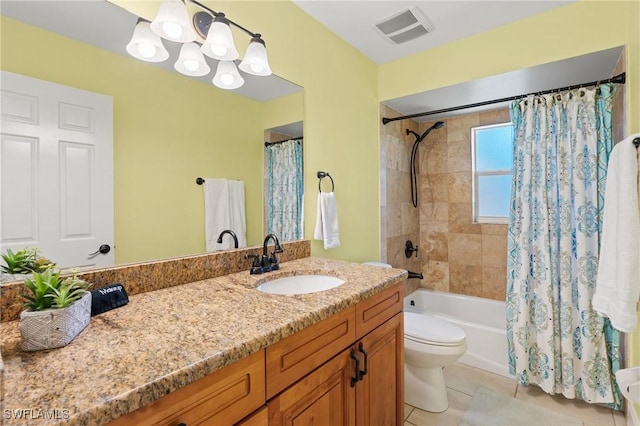 full bathroom with shower / bath combo with shower curtain, tile patterned flooring, vanity, and toilet