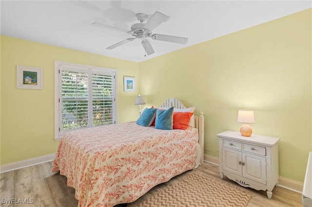 bedroom featuring light wood-type flooring and ceiling fan