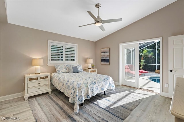 bedroom with access to outside, ceiling fan, light hardwood / wood-style floors, and vaulted ceiling