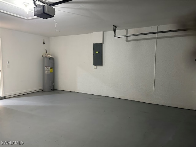 garage with electric panel, electric water heater, and a garage door opener