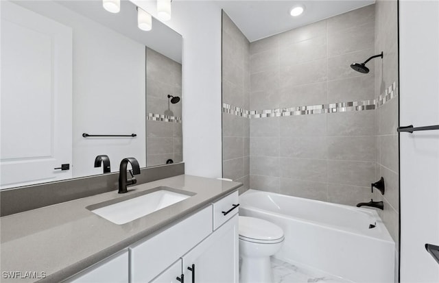 14111 Calaveras Ct, Estero, FL 33928 - bathroom featuring vanity, marble look tile flooring, toilet, bathtub / shower combination, and recessed lighting