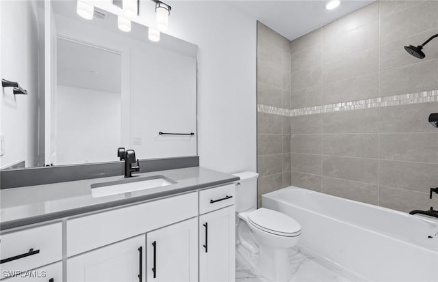14111 Calaveras Ct, Estero, FL 33928 - bathroom featuring toilet, vanity, marble finish flooring, washtub / shower combination, and recessed lighting