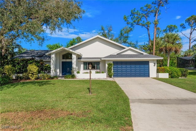 single story home featuring a front yard and a garage