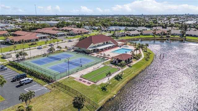 aerial view featuring a water view