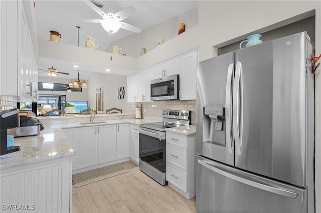 kitchen featuring sink, appliances with stainless steel finishes, white cabinetry, backsplash, and kitchen peninsula