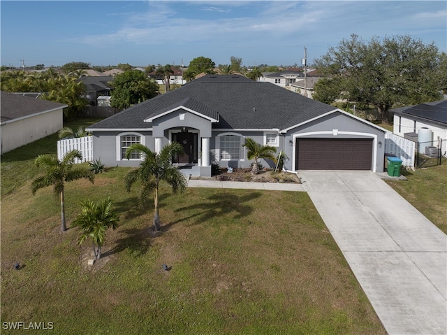 single story home with a front yard and a garage