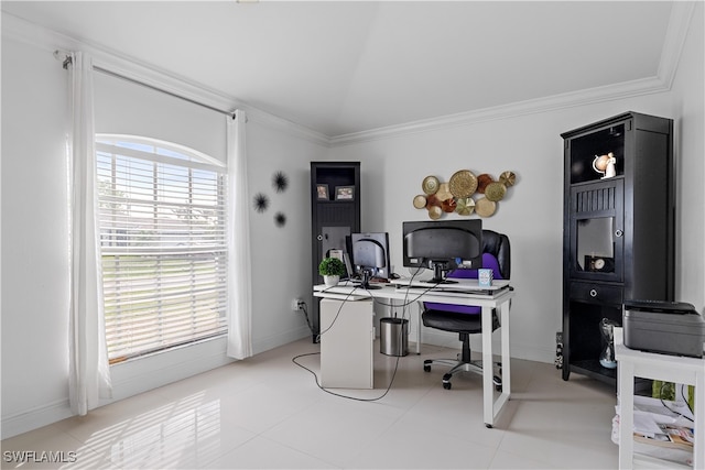 tiled office featuring crown molding