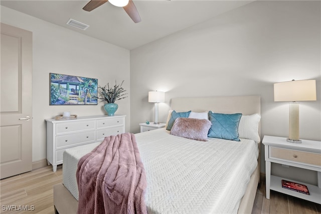 bedroom with ceiling fan and light wood-type flooring