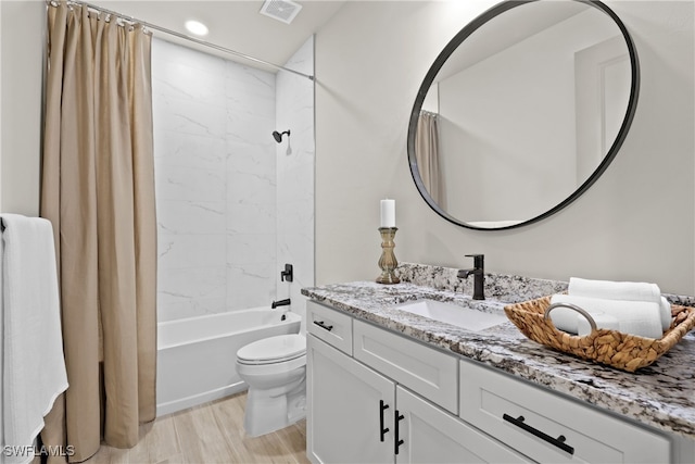 full bathroom with vanity, toilet, shower / bathtub combination with curtain, and wood-type flooring