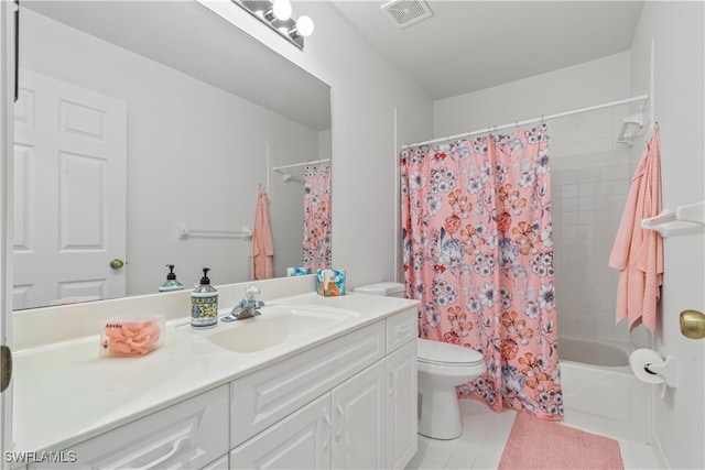 bathroom featuring shower / tub combo with curtain, visible vents, toilet, vanity, and tile patterned floors