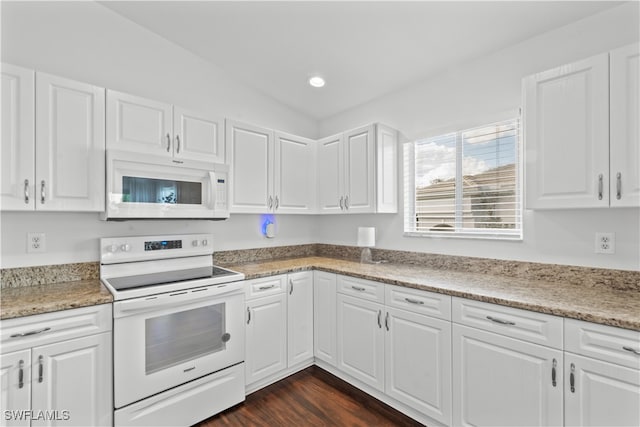 kitchen featuring dark wood-style floors, white appliances, white cabinetry, and recessed lighting