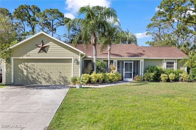 single story home featuring a front yard and a garage