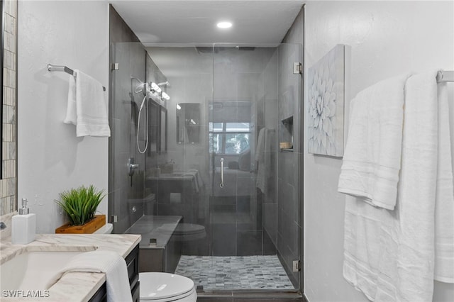 bathroom featuring vanity, a shower with shower door, and toilet