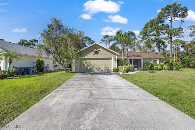 ranch-style house featuring a garage and a front lawn