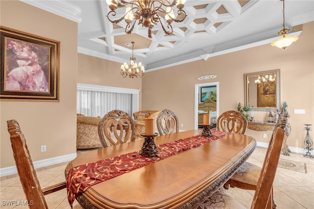 tiled dining space with crown molding, beamed ceiling, coffered ceiling, and a notable chandelier