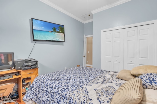 bedroom with a closet and ornamental molding