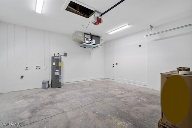 garage featuring a garage door opener and water heater