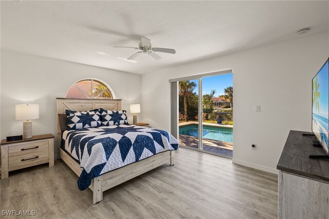 bedroom with access to outside, light hardwood / wood-style flooring, and ceiling fan