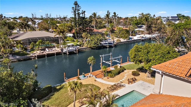 aerial view featuring a water view