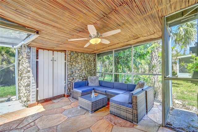 sunroom / solarium with plenty of natural light, ceiling fan, and wooden ceiling