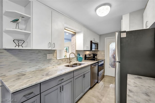 kitchen with stainless steel appliances, open shelves, a sink, and gray cabinetry