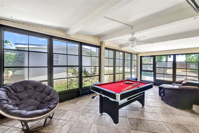 playroom featuring beamed ceiling, ceiling fan, and pool table