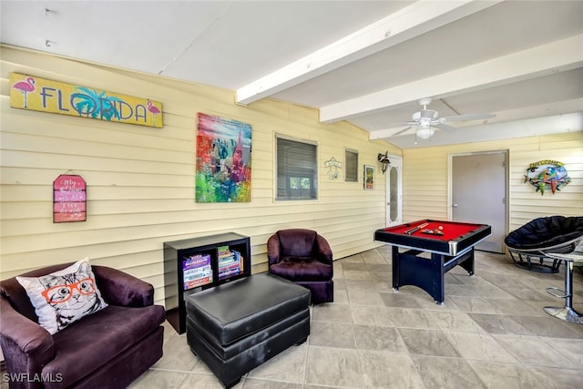 playroom featuring vaulted ceiling with beams, billiards, wooden walls, and ceiling fan