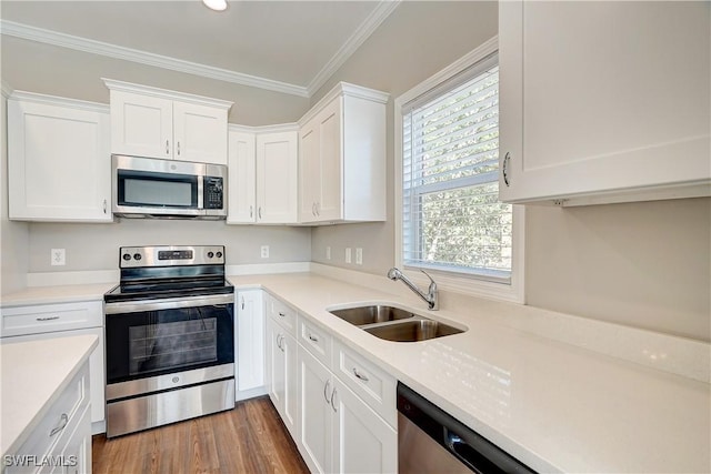 kitchen featuring crown molding, sink, dark hardwood / wood-style floors, appliances with stainless steel finishes, and white cabinetry