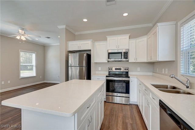 kitchen with appliances with stainless steel finishes, dark hardwood / wood-style floors, a wealth of natural light, and sink