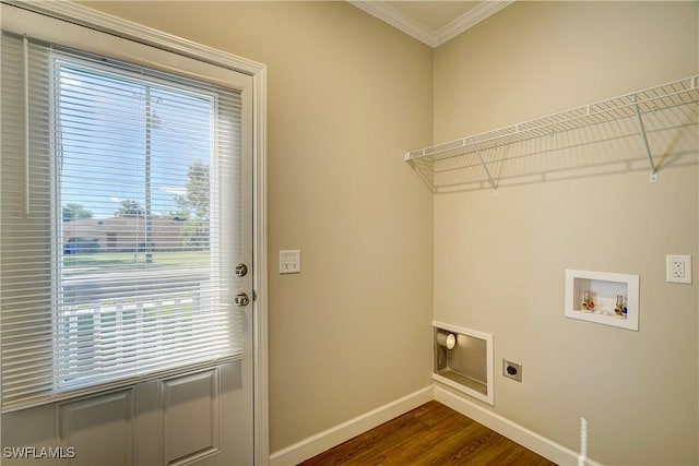 clothes washing area featuring hookup for a washing machine, ornamental molding, plenty of natural light, and electric dryer hookup