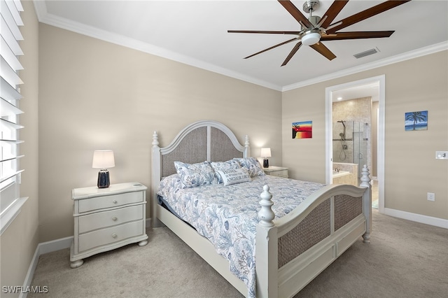 bedroom with ensuite bathroom, crown molding, ceiling fan, and light colored carpet