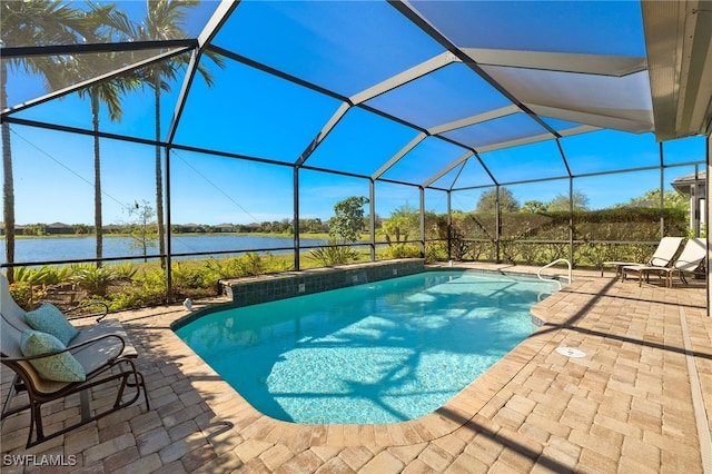 view of swimming pool with a lanai, a water view, and a patio