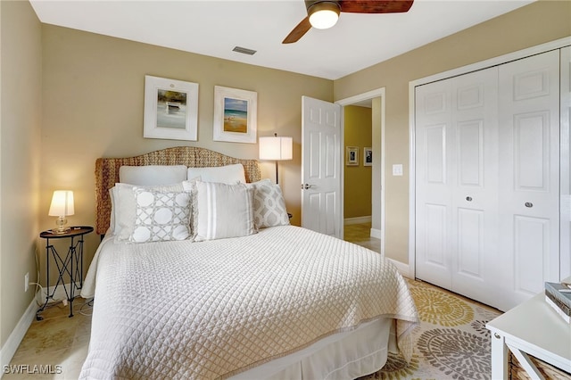 bedroom featuring a closet and ceiling fan