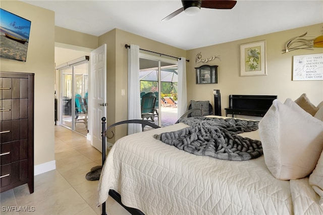 tiled bedroom featuring access to exterior and ceiling fan