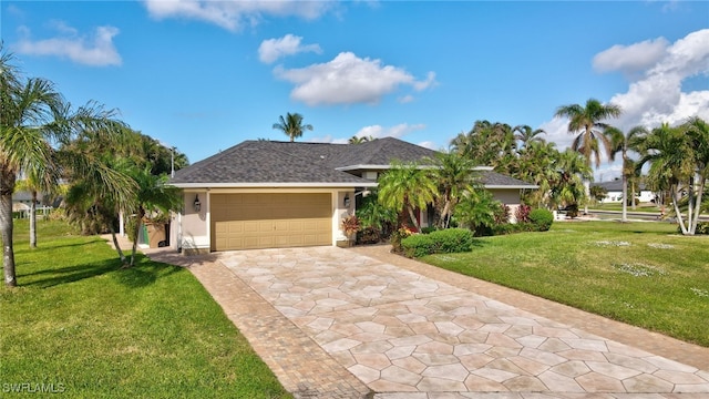 ranch-style house featuring a front yard and a garage