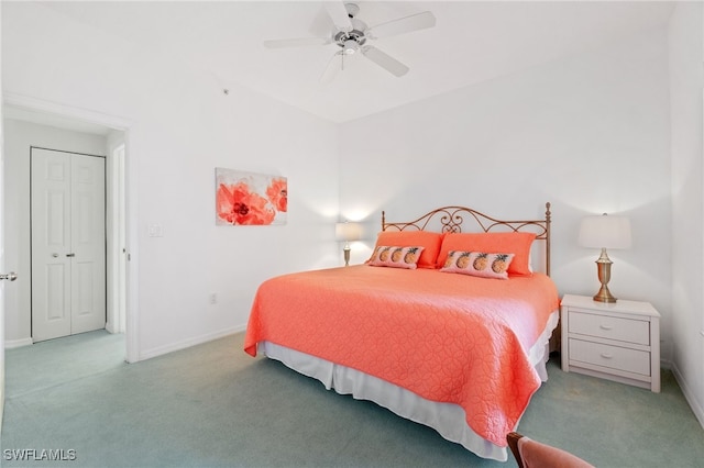 bedroom with light colored carpet and ceiling fan