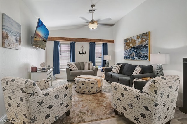 living room featuring wood-type flooring, vaulted ceiling, and ceiling fan