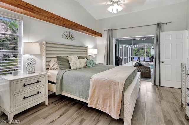 bedroom featuring access to exterior, multiple windows, and ceiling fan