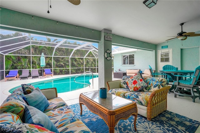 view of pool with ceiling fan