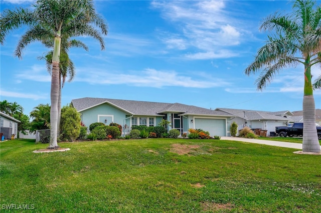 ranch-style house with a front yard and a garage