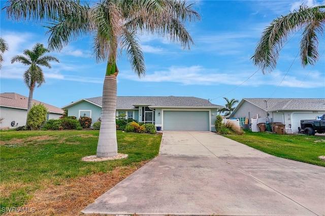 single story home featuring a front yard and a garage